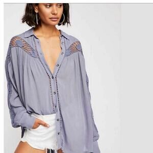Free People Katie Bird Button Down Shirt periwinkle size small crochet details